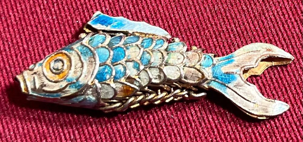 VTG Movable Articulated Enamel Fish Pendant Charm–Blue Cloisonné-Missing Ring